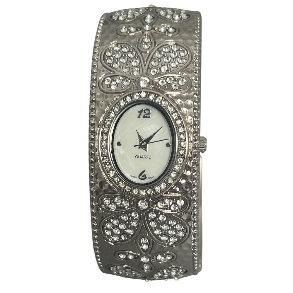 Elegant Silver-Tone Bangle Cuff Watch Faux Diamond Rhinestone Quartz‎ Untested